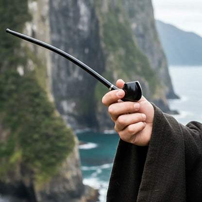Close-up of a hand holding the Pulsar Deep Bowl Churchwarden Rosewood Sherlock at an angle, the long black curved stem extending left against a misty cliffside and sea background