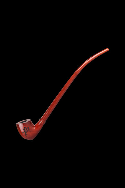 Red glass cannabis smoking pipe with a curved neck and etched logo on the bowl, isolated on a black background.