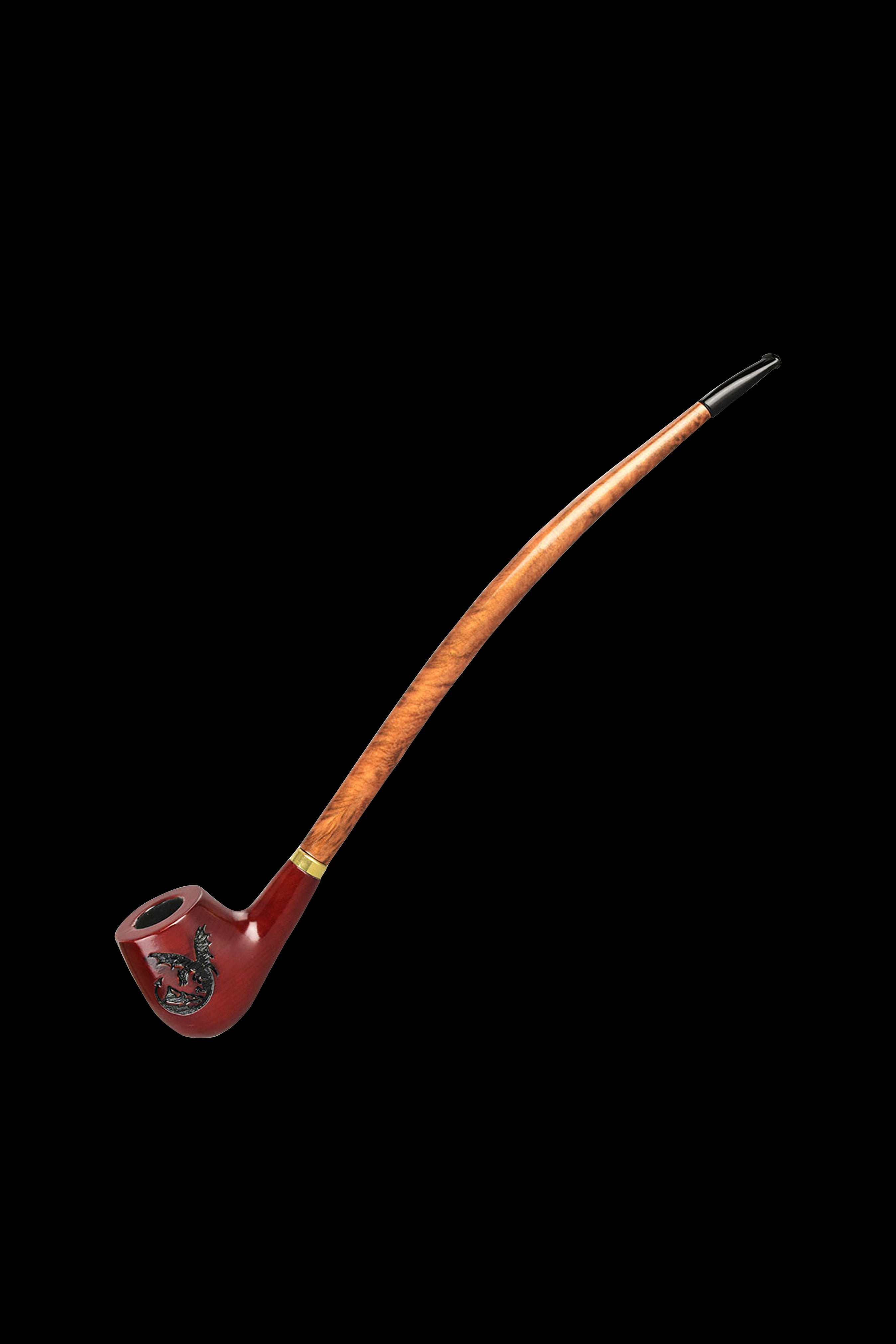 Wooden cannabis pipe with ornate metal detailing against a black background.