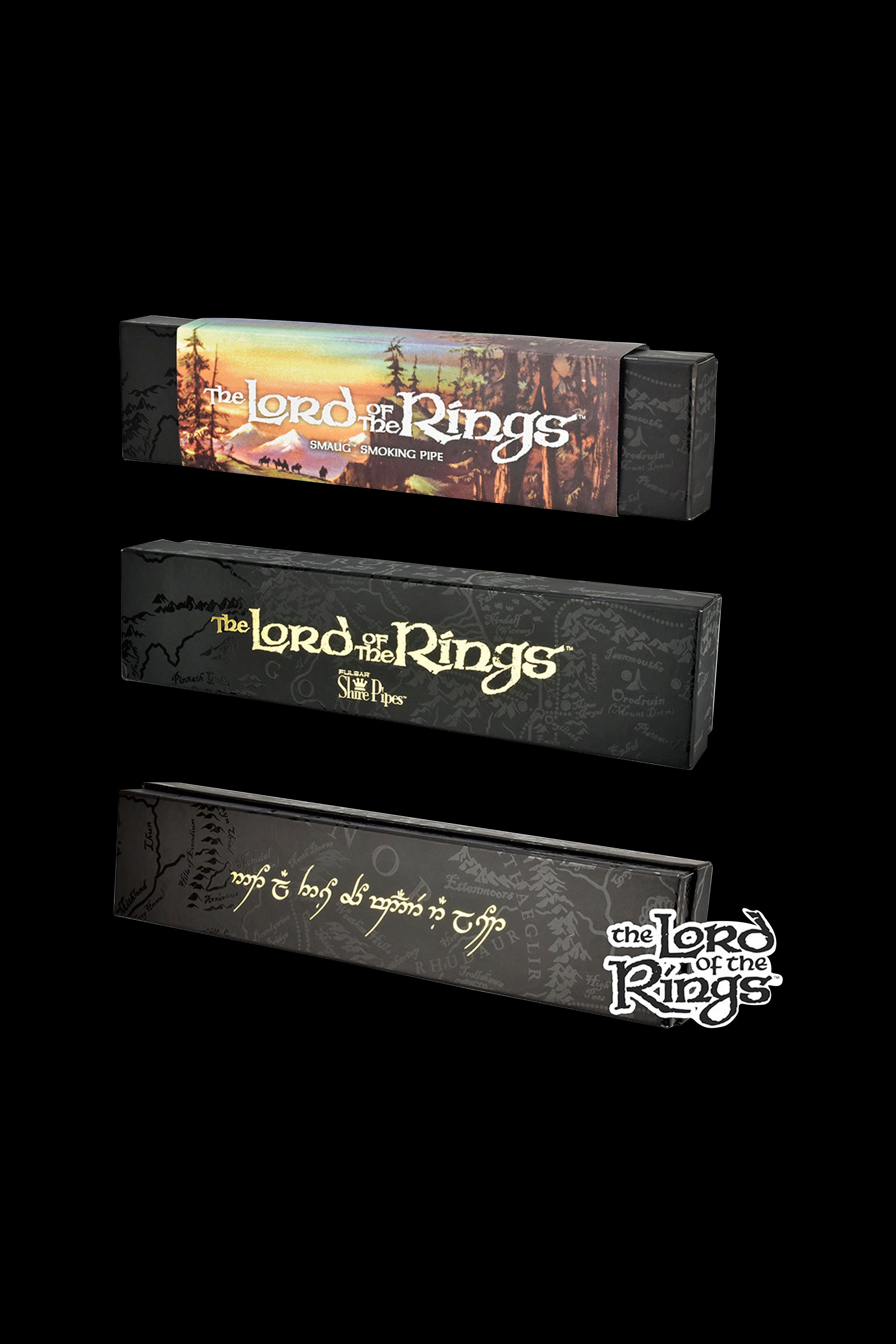Three branded boxes for “The Lord of the Rings” small smoking pipes, stacked against a black background. Each box features imagery from the fantasy series, including Elvish script and map designs.