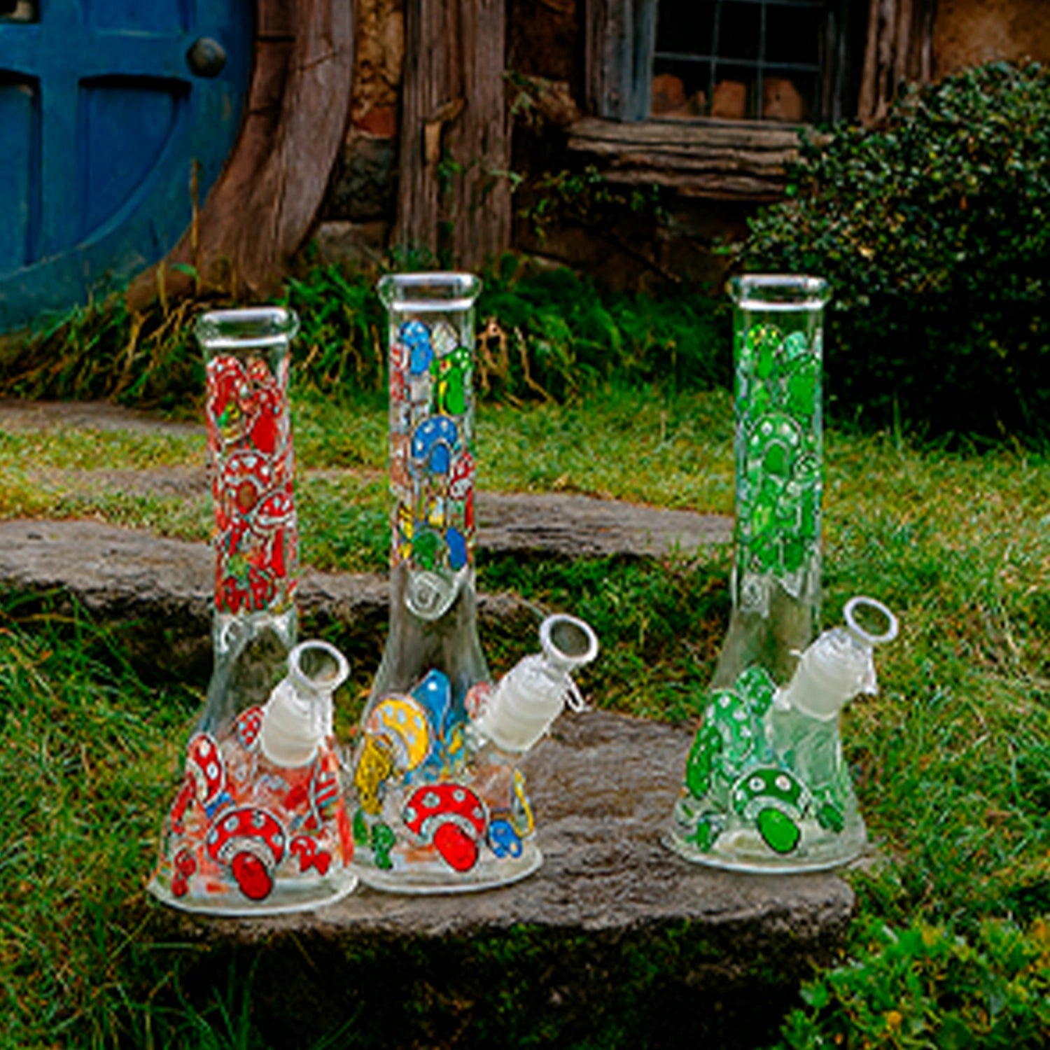Three Glow Mushroom Beaker Bong - 10in models photographed outdoors on stone steps, straight-on view showing colorful mushroom graphics on clear glass.