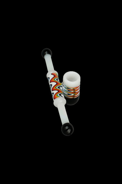 Glass cannabis pipe with colorful swirl design.