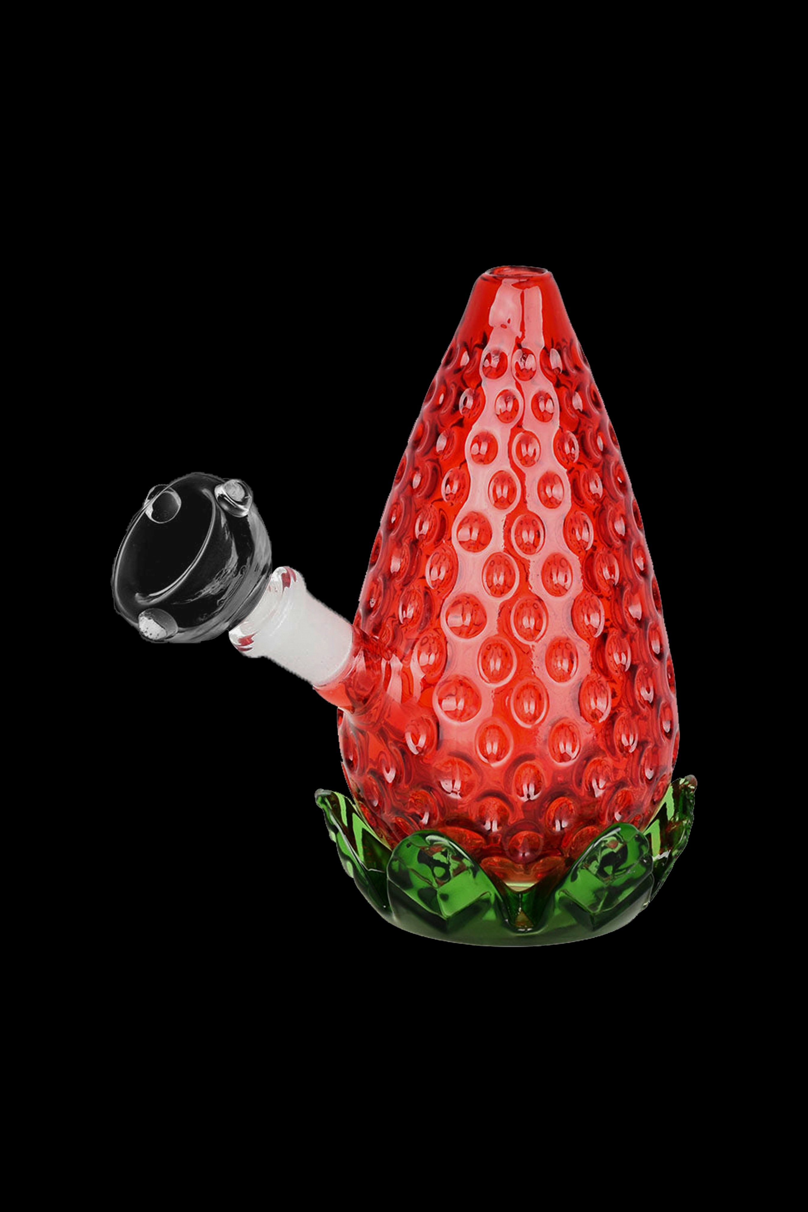 Red glass strawberry-shaped bubbler with a clear mouthpiece.