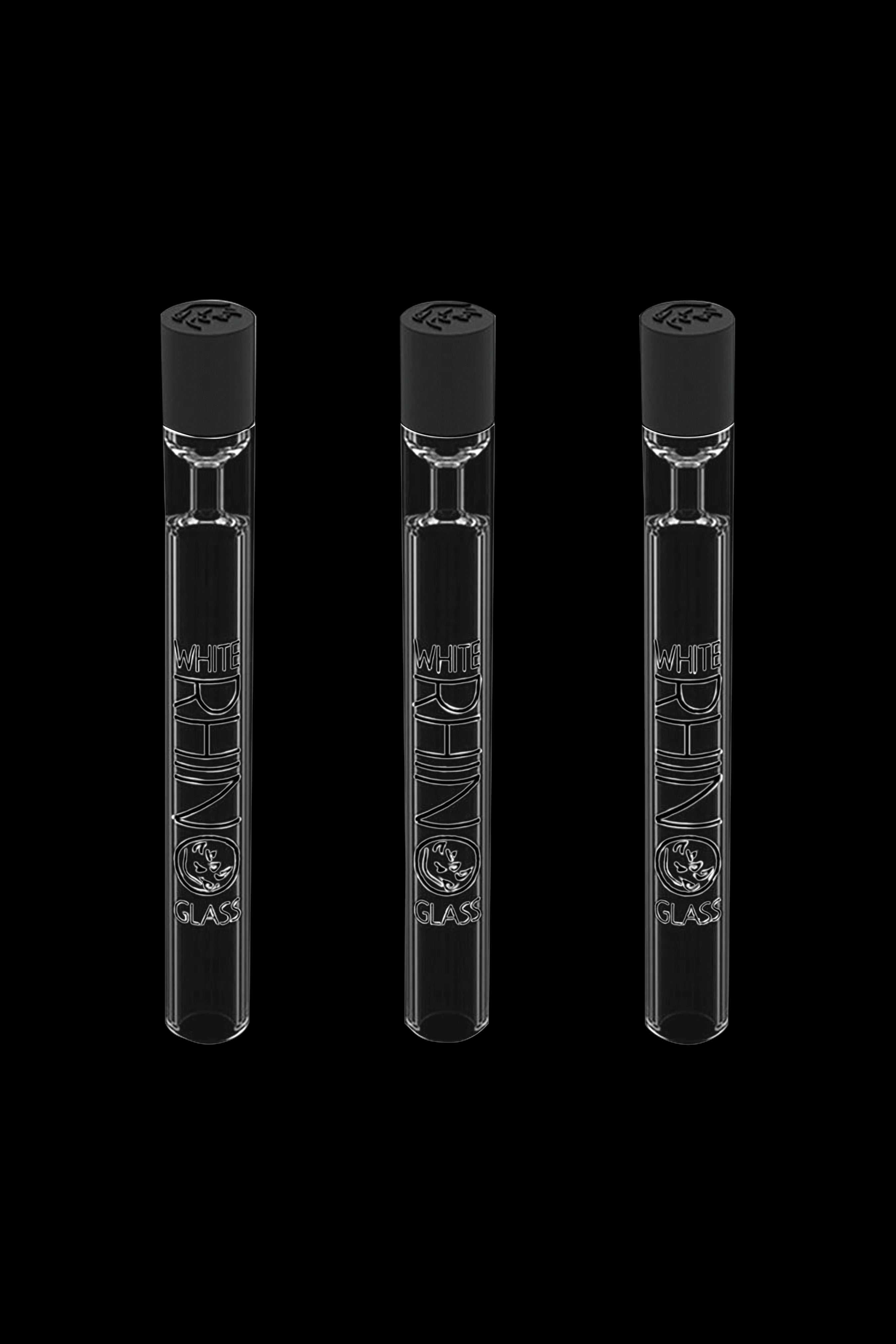 Three glass one-hitters with “White Rhino Glass” branding against a black background.