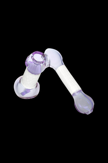 Purple glass bubbler pipe for smoking cannabis.
