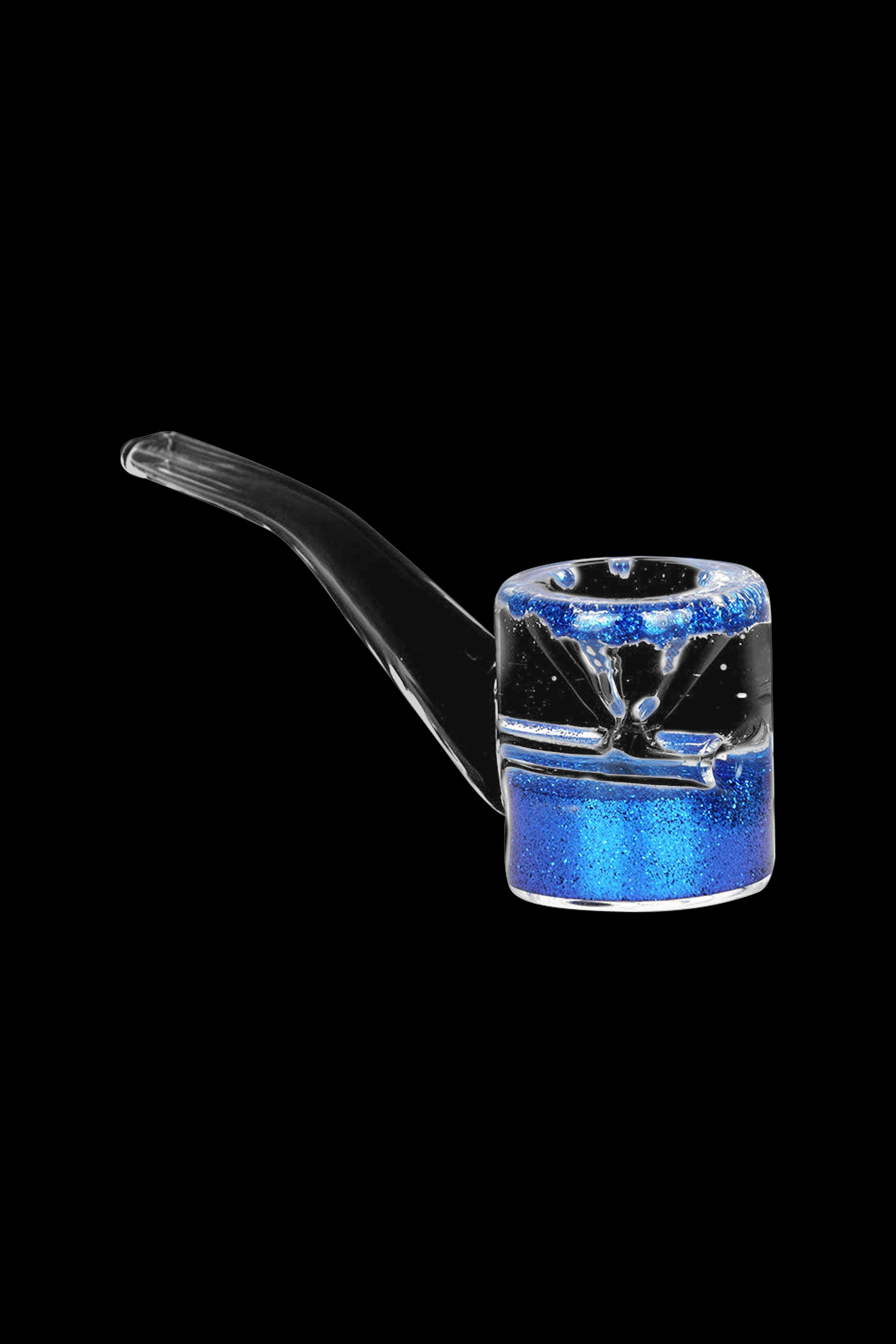 Blue glass cannabis pipe with glitter accents on a black background.