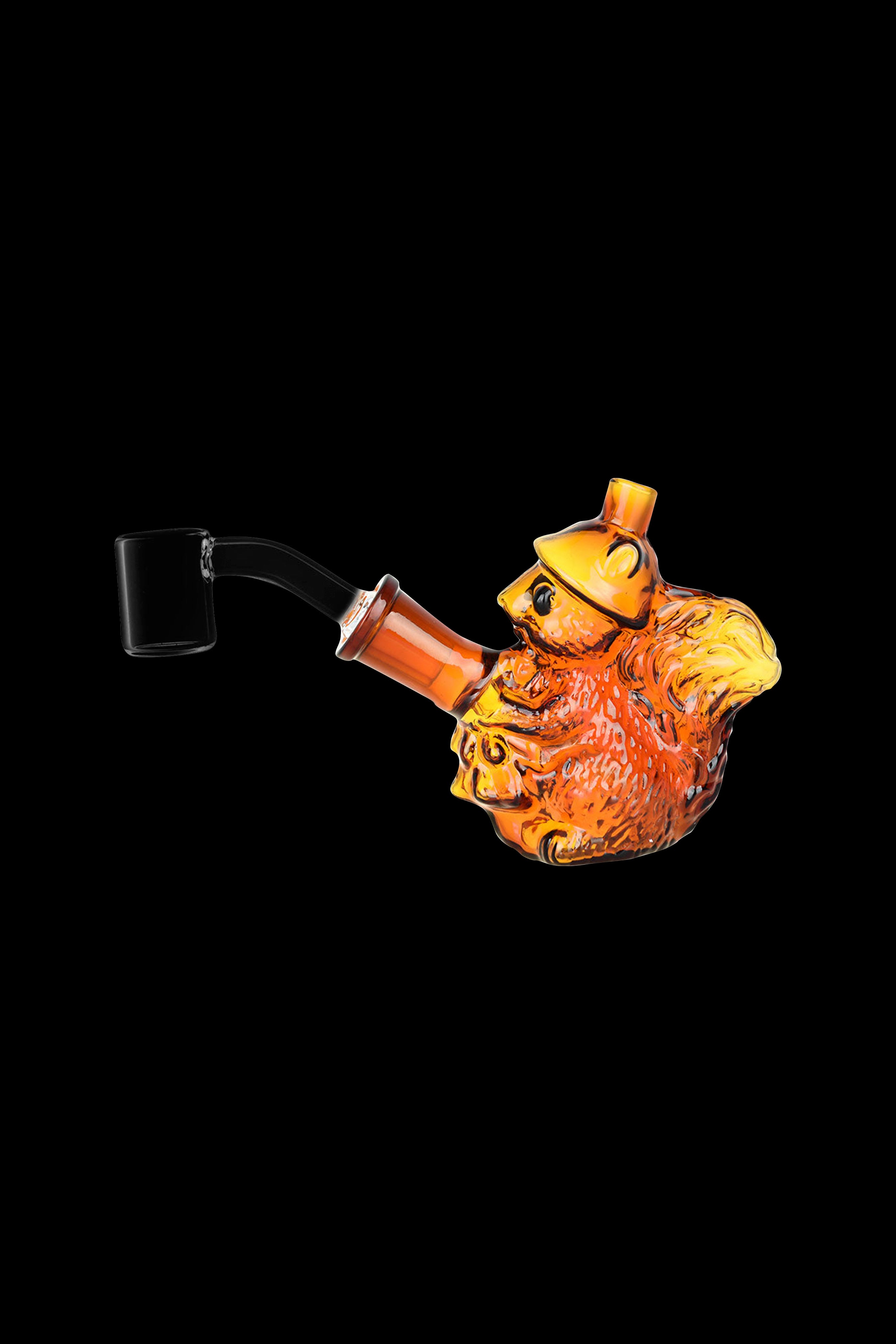 Orange glass bubbler shaped like a pufferfish with a black mouthpiece.