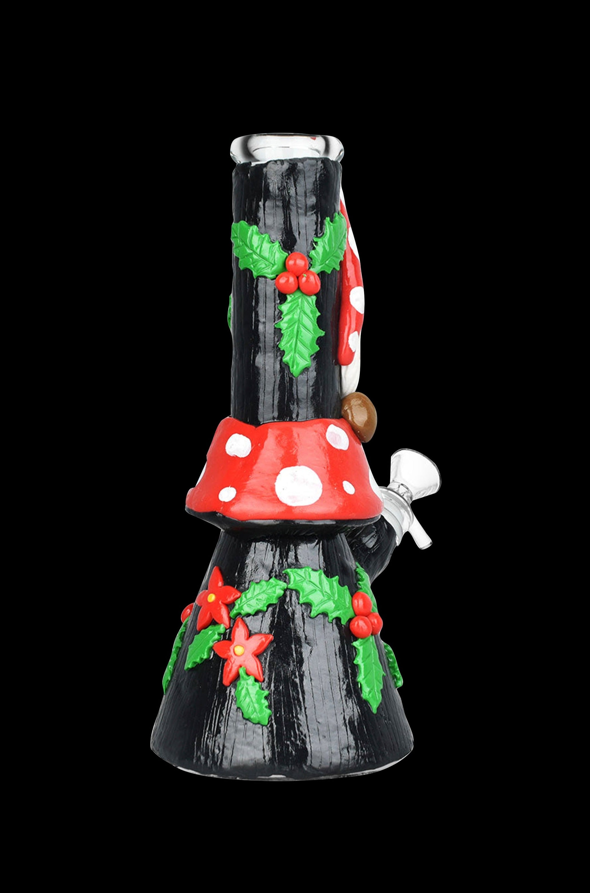 A festive, black glass water pipe decorated with molded holly, poinsettias, and mushrooms, isolated on a black background.