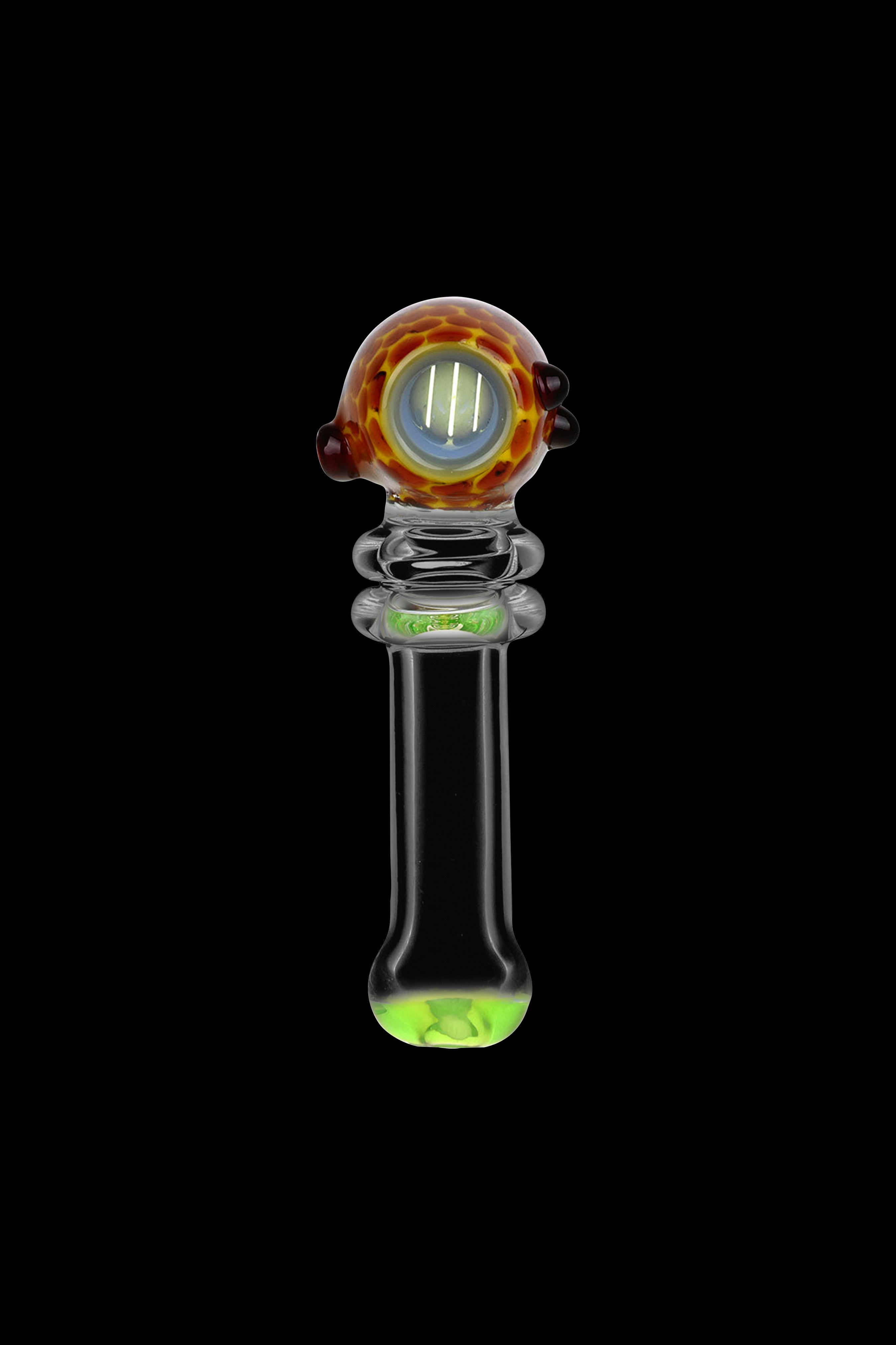 Glass cannabis pipe with colorful accents.