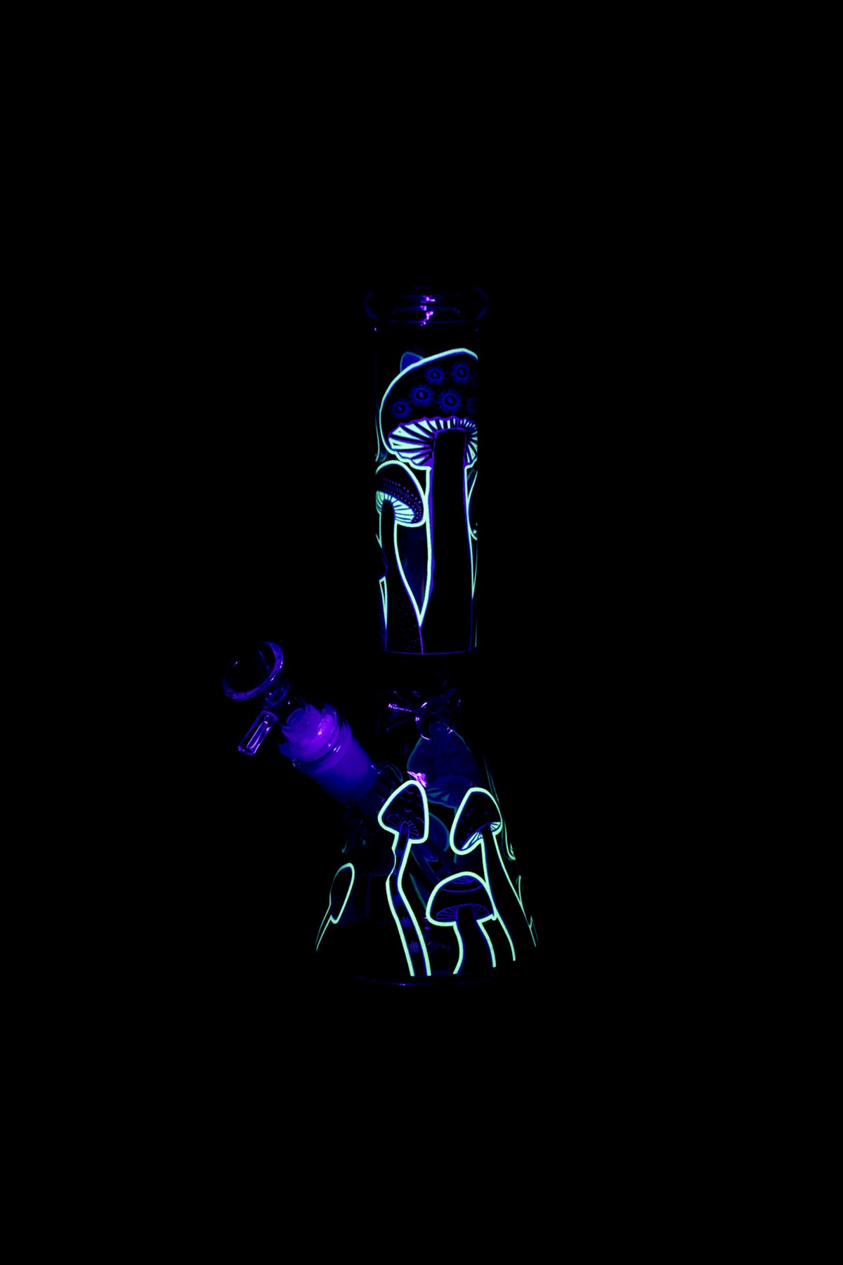 Neon illustration of a cannabis pipe and plant leaves on a black background.