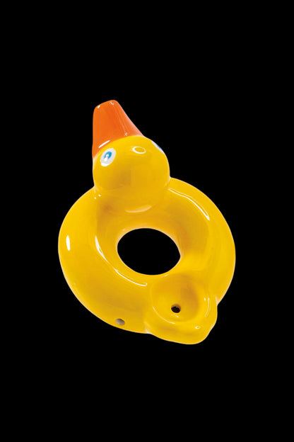 Yellow glass duck-shaped bubbler for smoking cannabis.