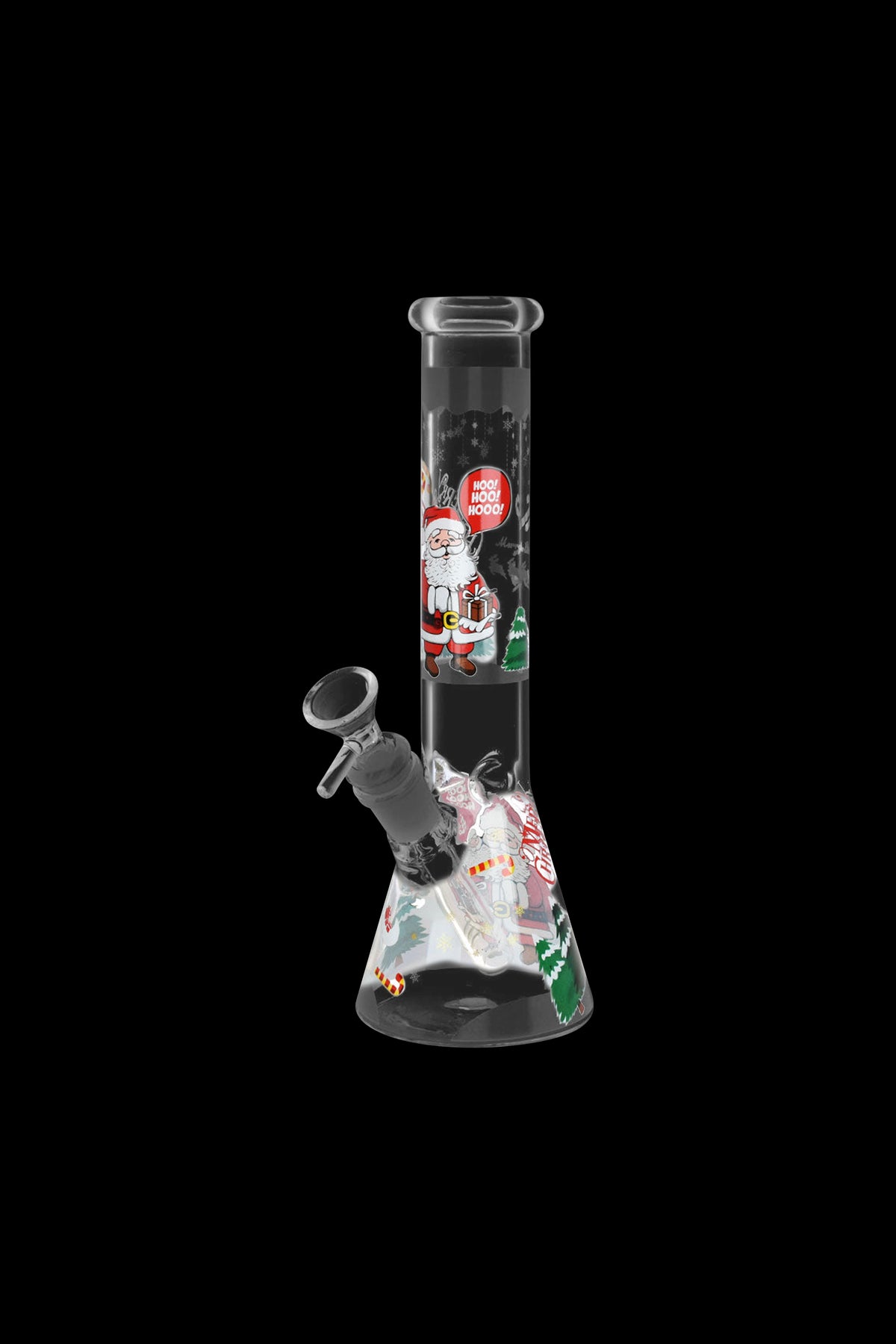 A glass water pipe (bong) decorated with a festive Christmas theme, featuring Santa Claus and snow scenes.