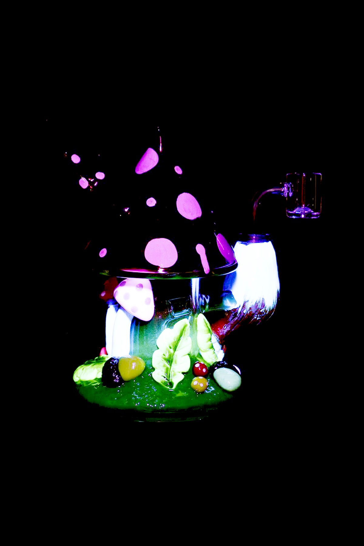 A vibrant, stylized shot of a glass bong filled with green cannabis buds, colorful water, and illuminated by neon purple and white light, set against a black background.