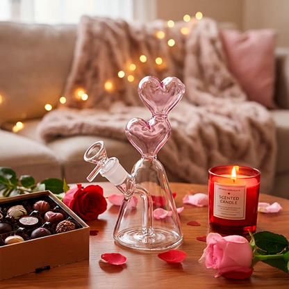Close-up of the Hearts Converge Glass Bong on a wooden table, showing its pink double-heart neck with rose petals, chocolates, and a lit candle in soft bokeh.