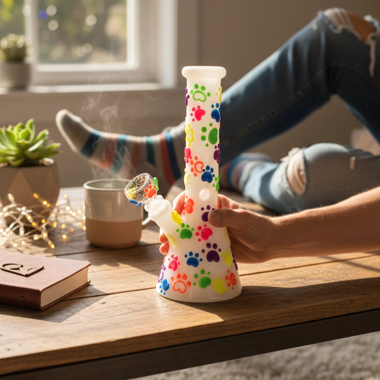 Person holding a white, paw‑print patterned Paws for the Cause Glow in Dark Beaker Bong upright on a wooden table beside a mug and succulent.