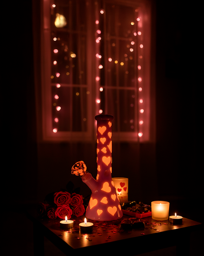 Nighttime scene of the Valentines Day Heart Glow In The Dark Beaker illuminated from within, heart-shaped cutouts glowing orange on a table with candles and roses.