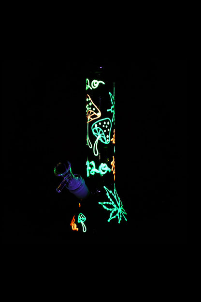Neon cannabis and mushroom illustrations on a black glass smoking piece.