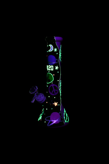 Neon cannabis-themed digital art with peace signs, planets, and the number “420” against a black background.