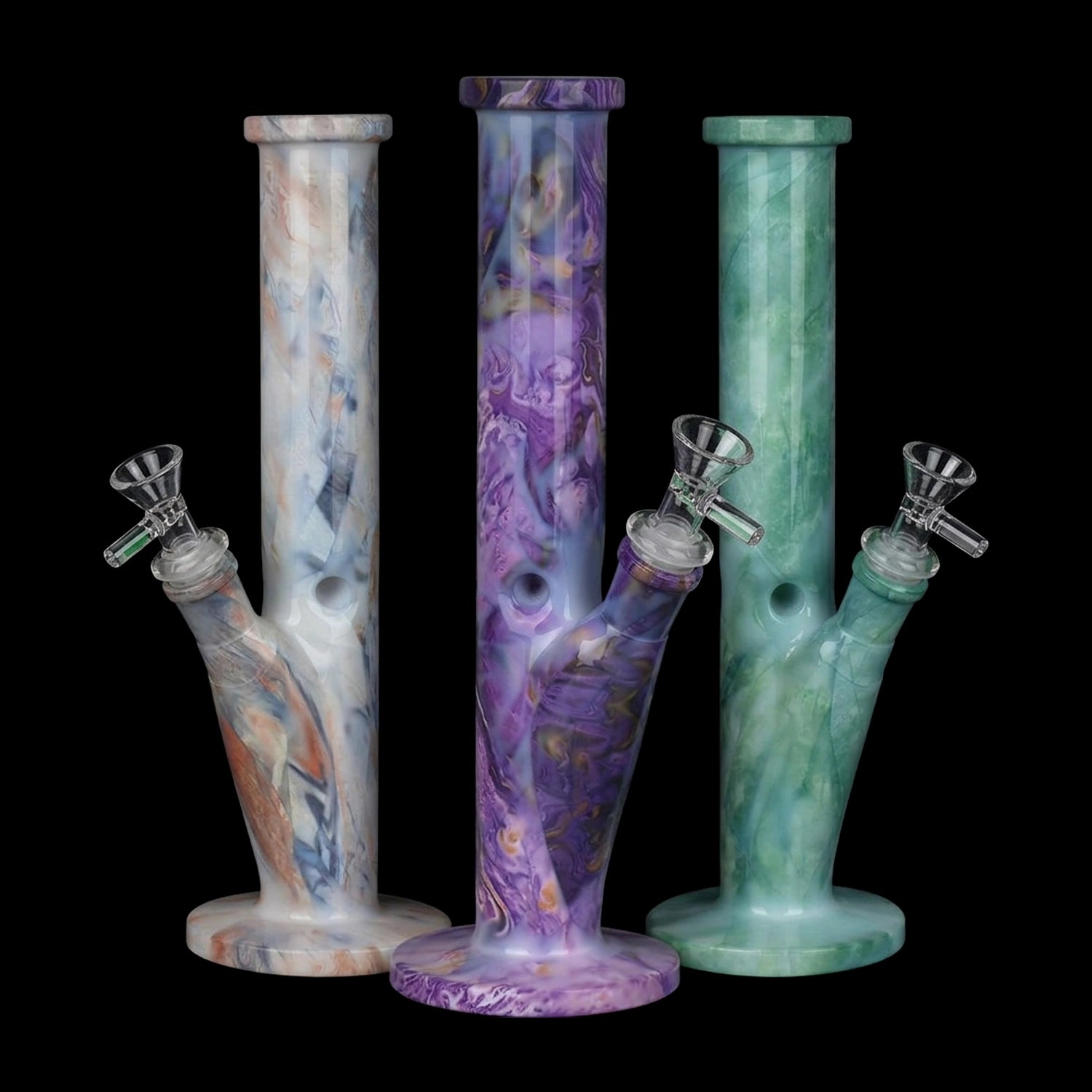 Marbled Straight Tube Glass Water Pipe - 10.75" / 14mm F / Colors Vary