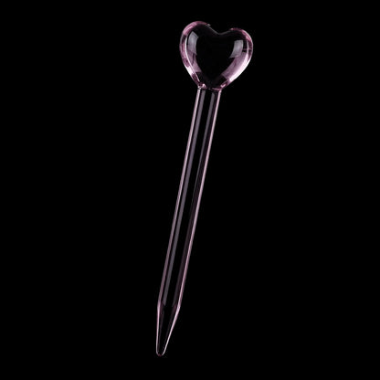 Angled close-up of the Lovely Heart Glass Dab Rig Set - 6.25" / 14mm F showing a pink glass heart atop twin slender stems.