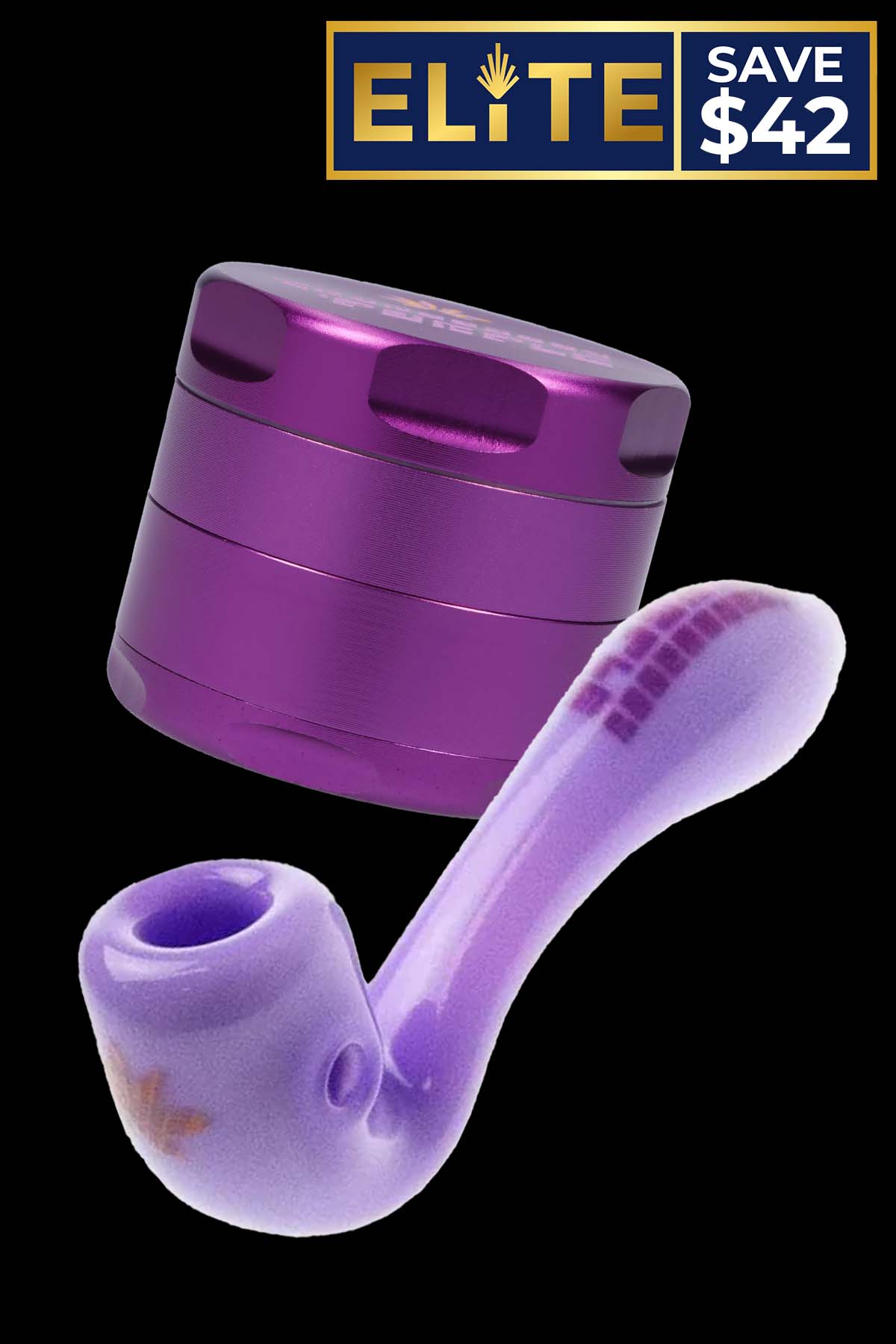 Purple glass pipe and grinder against a black background with a sale banner.