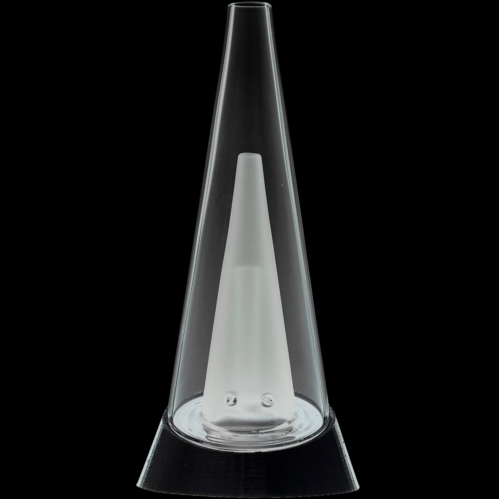 Close-up vertical shot of the Glassic Puffco Peak Replacement Glass cone against a black background, showing its clear tapered walls and frosted inner joint.