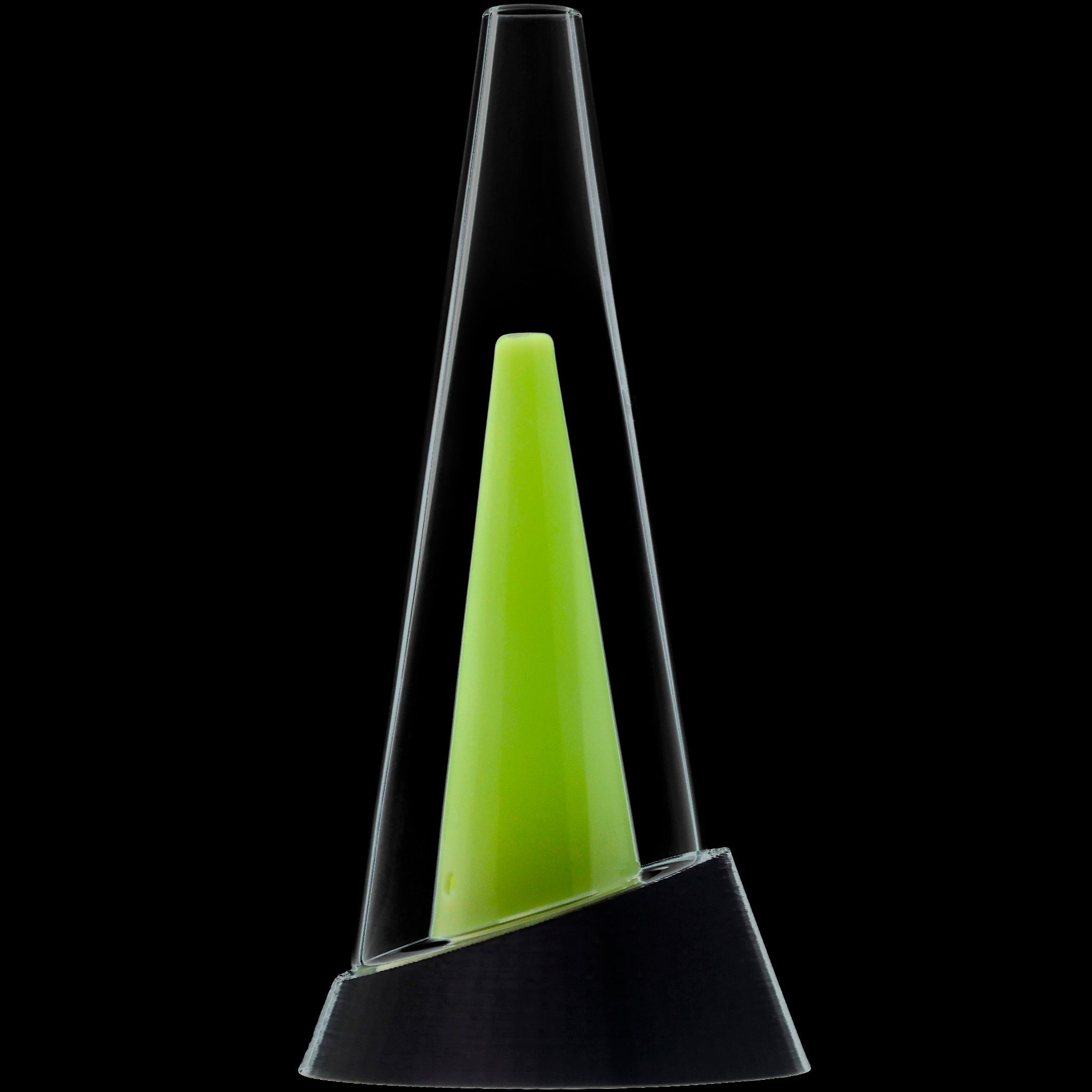 Close-up front view of the Glassic Puffco Peak Replacement Glass showing its clear conical wall and centered lime-green inner cone against a black background