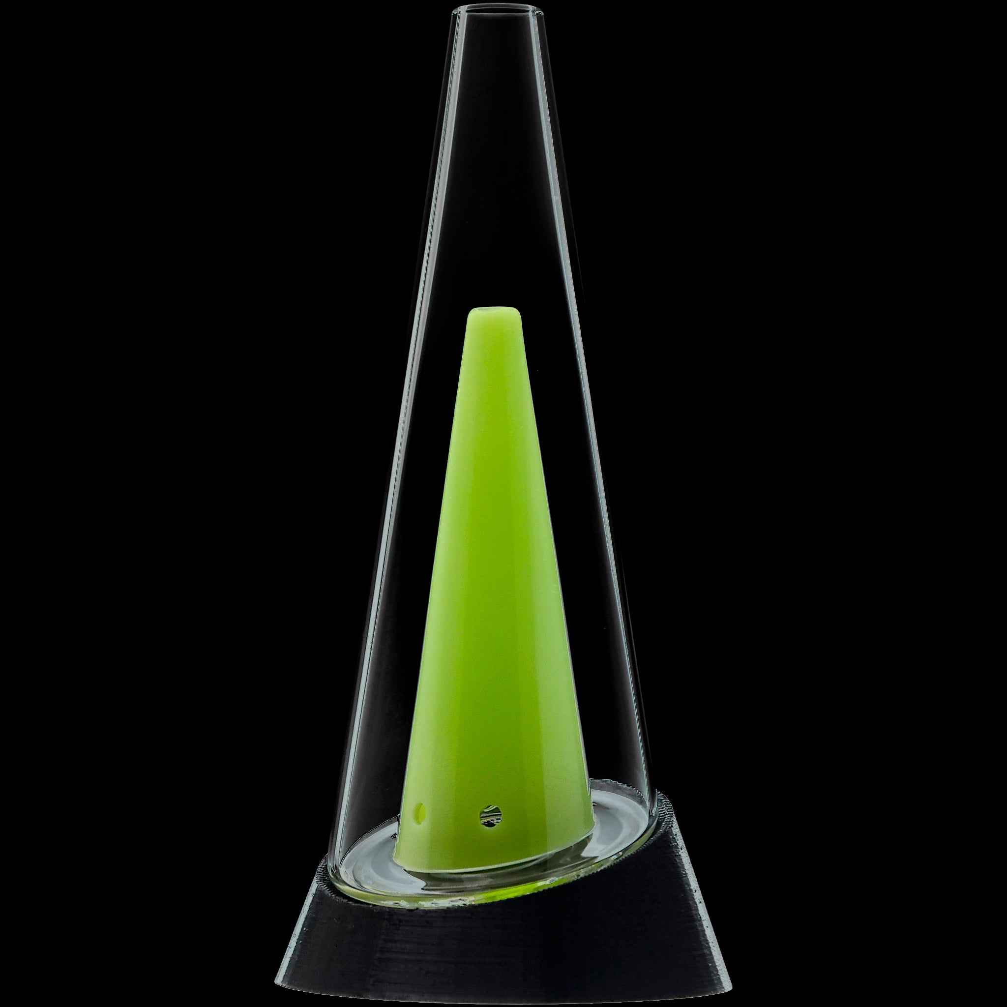 Close-up vertical view of the Glassic Puffco Peak Replacement Glass showing its clear tapered chamber with a bright green cone inside against a black background