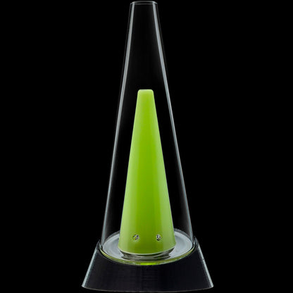 Centered close-up of the Glassic Puffco Peak Replacement Glass showing its tapered clear outer chamber and bright green inner cone against a black background