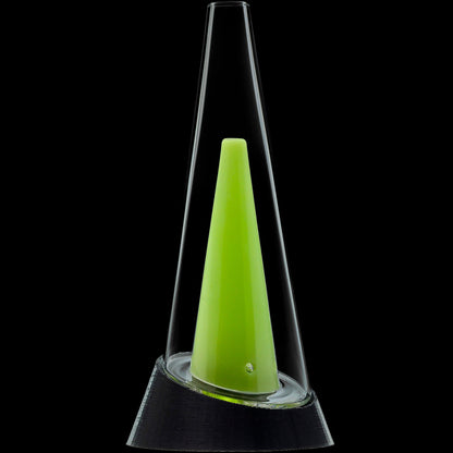 Close-up centered view of the Glassic Puffco Peak Replacement Glass showing a tall clear cone around a lime green inner cone against a black background.