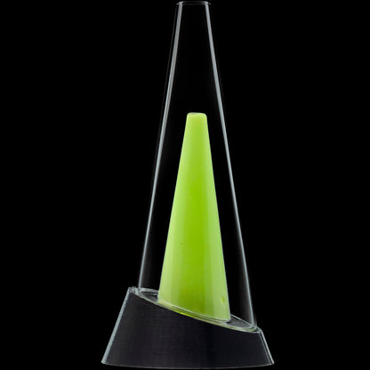 Close-up front view of the Glassic Puffco Peak Replacement Glass showing a tall clear cone with a lime-green inner cone against a black background
