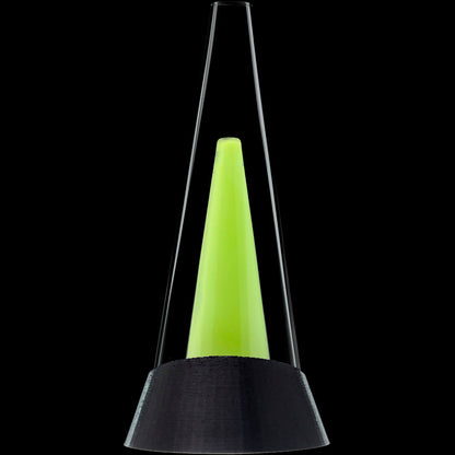 Close-up vertical view of the Glassic Puffco Peak Replacement Glass showing a milky green inner cone framed by clear glass.
