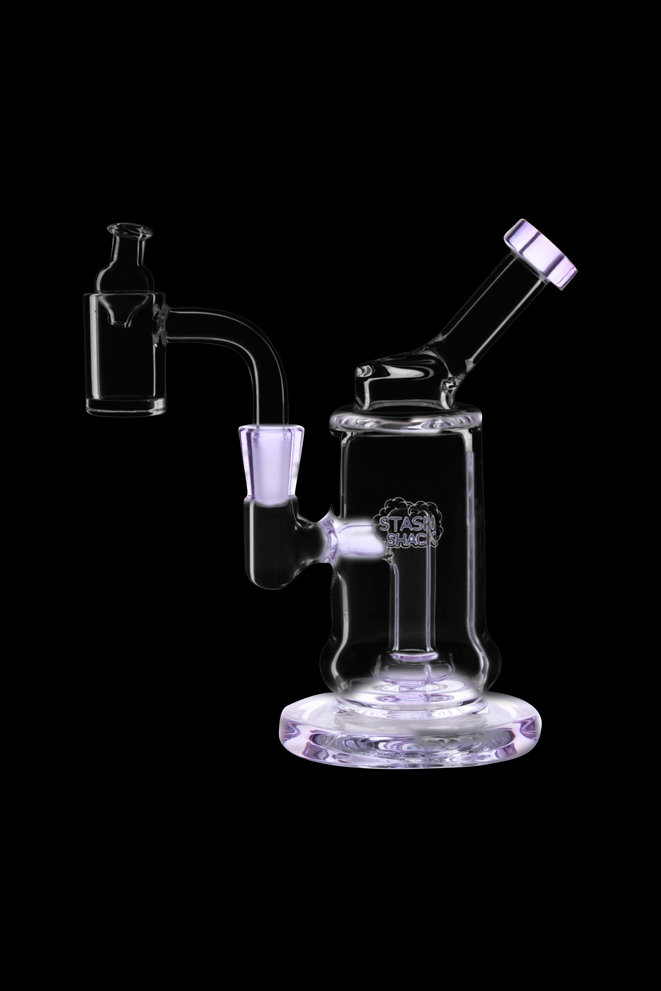 Clear glass rig with dual tree percolators and a quartz banger, isolated on a black background.