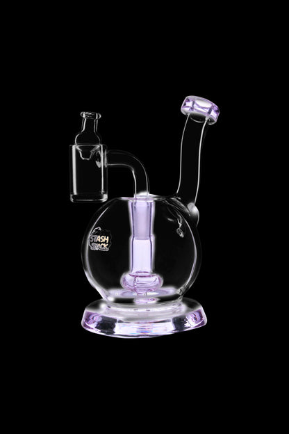 Purple glass dab rig with water filtration against a black background.