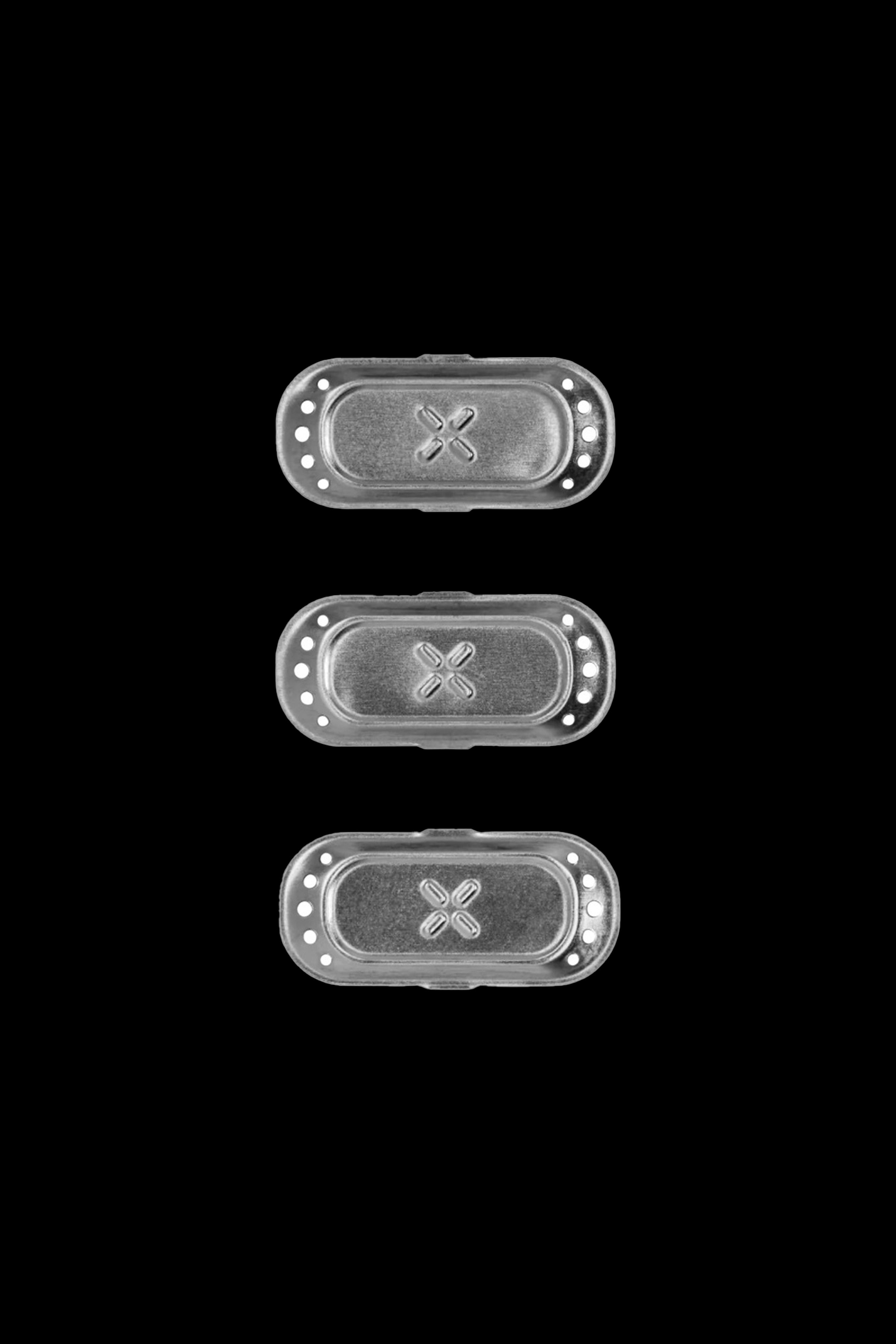 Three translucent cannabis vape cartridge containers stacked vertically against a black background.