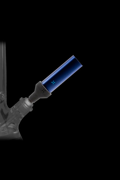 Blue cannabis vaporizer inserted into a glass water pipe, illuminated with a soft blue light.