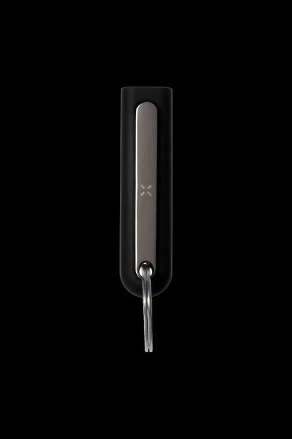 Sleek, metallic cannabis vaporizer pen encased in a clear protective shell, hanging from a keyring against a black background.