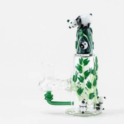 Empire Glassworks Panda Fam Nano Rig: Hand-blown glass rig featuring sculpted panda faces & colorful detailing. A miniature collectible art piece.