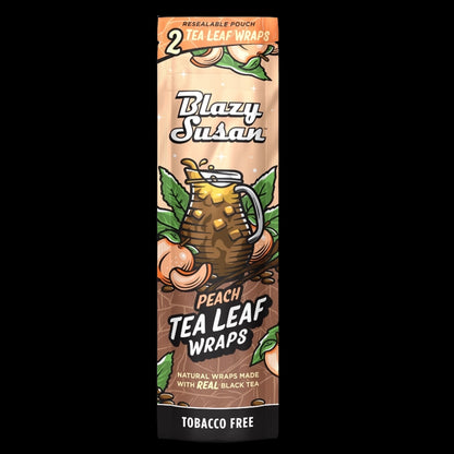 Vertical front view of a peach‑colored packet showing branding and artwork for Blazy Susan Peach Tea Wraps with a pitcher of iced tea and leaves.