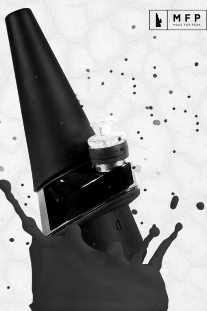 Black cannabis e-rig with splatter effect, branded “MFP - Made For Peak.”