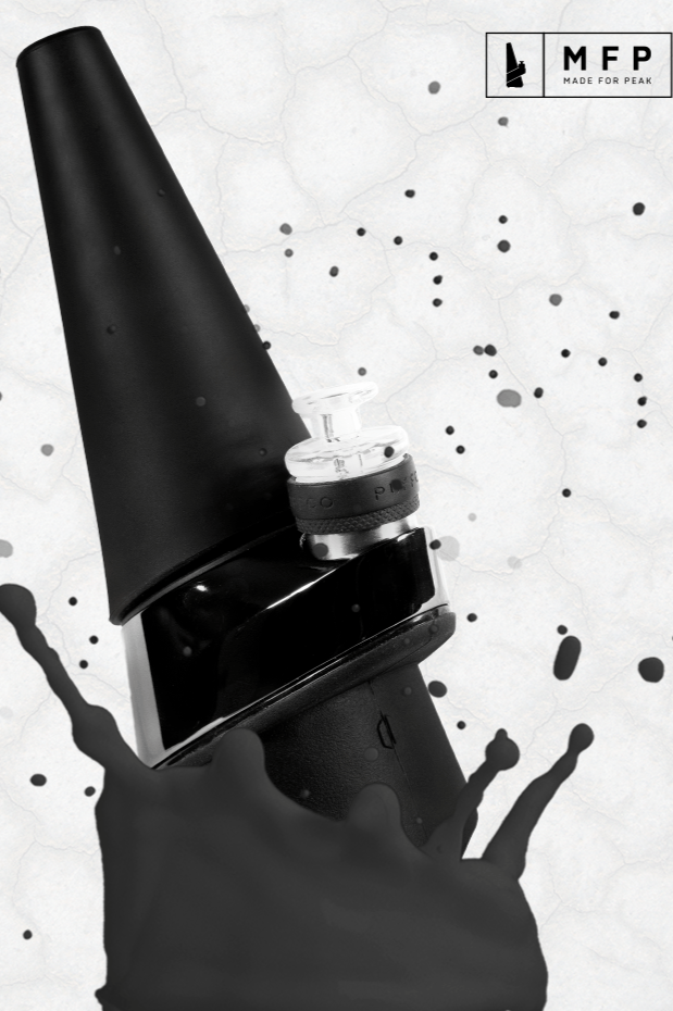 Black cannabis e-rig with splatter effect, branded “MFP - Made For Peak.”