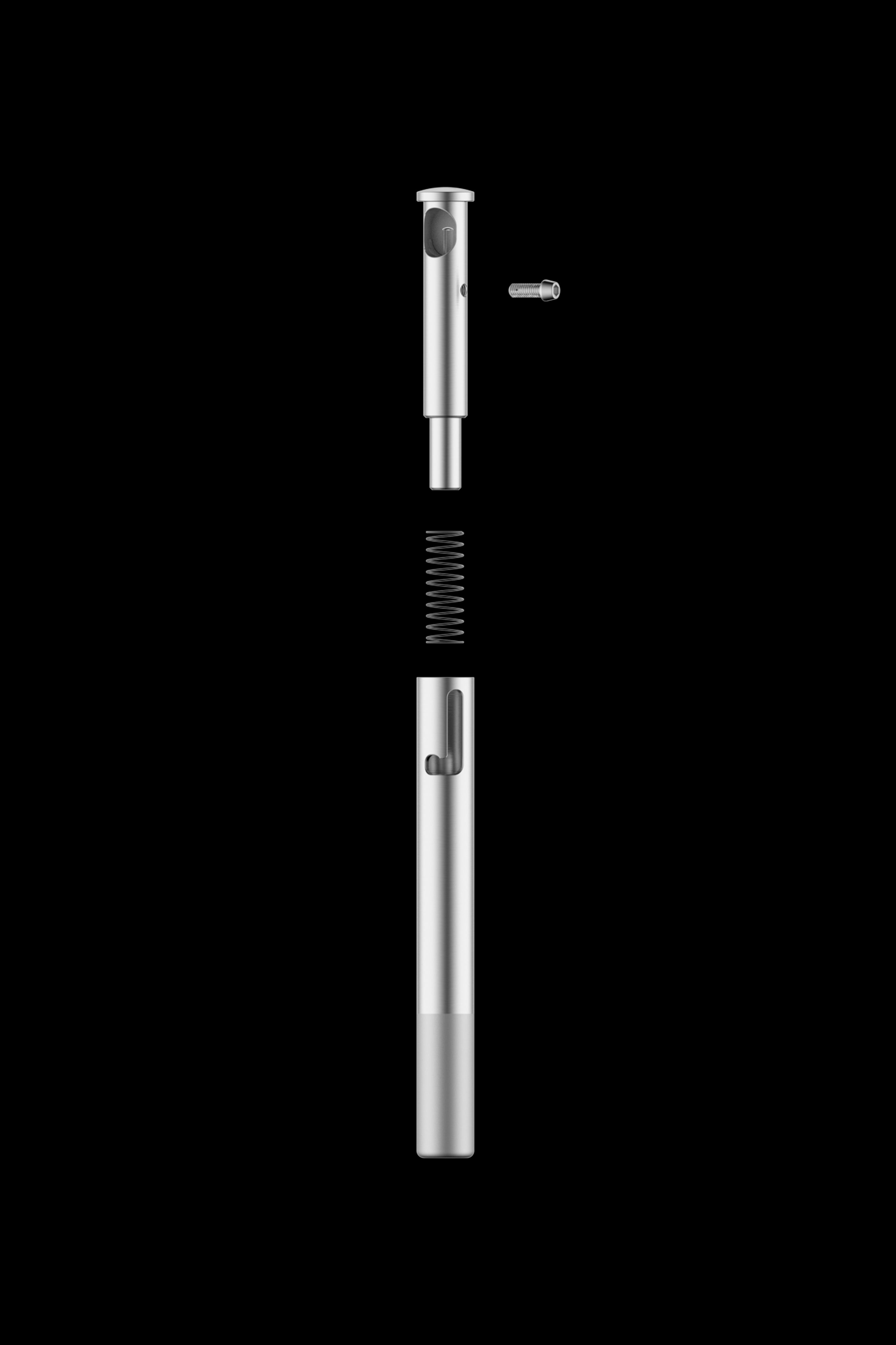 Disassembled metallic cannabis vape pen with spring and mouthpiece components displayed against a black background.