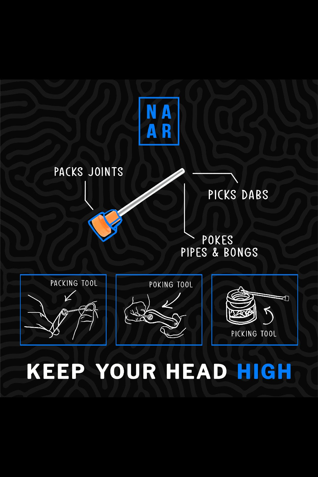 Diagram of a multi-tool for cannabis consumption, featuring functions for packing joints, poking pipes & bongs, and picking dabs, with text reading "Keep Your Head High."