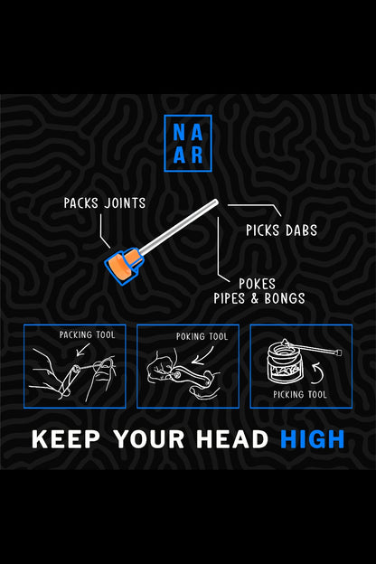 Diagram of a multi-tool for cannabis consumption, featuring functions for packing joints, poking pipes & bongs, and picking dabs, with text reading "Keep Your Head High."
