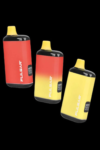 Three Pulsar vaporizers in red and yellow against a white background.