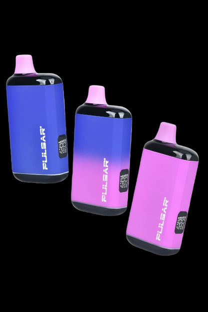 Three purple and blue Pulsar vaporizer cartridges with pink mouthpieces against a black background.