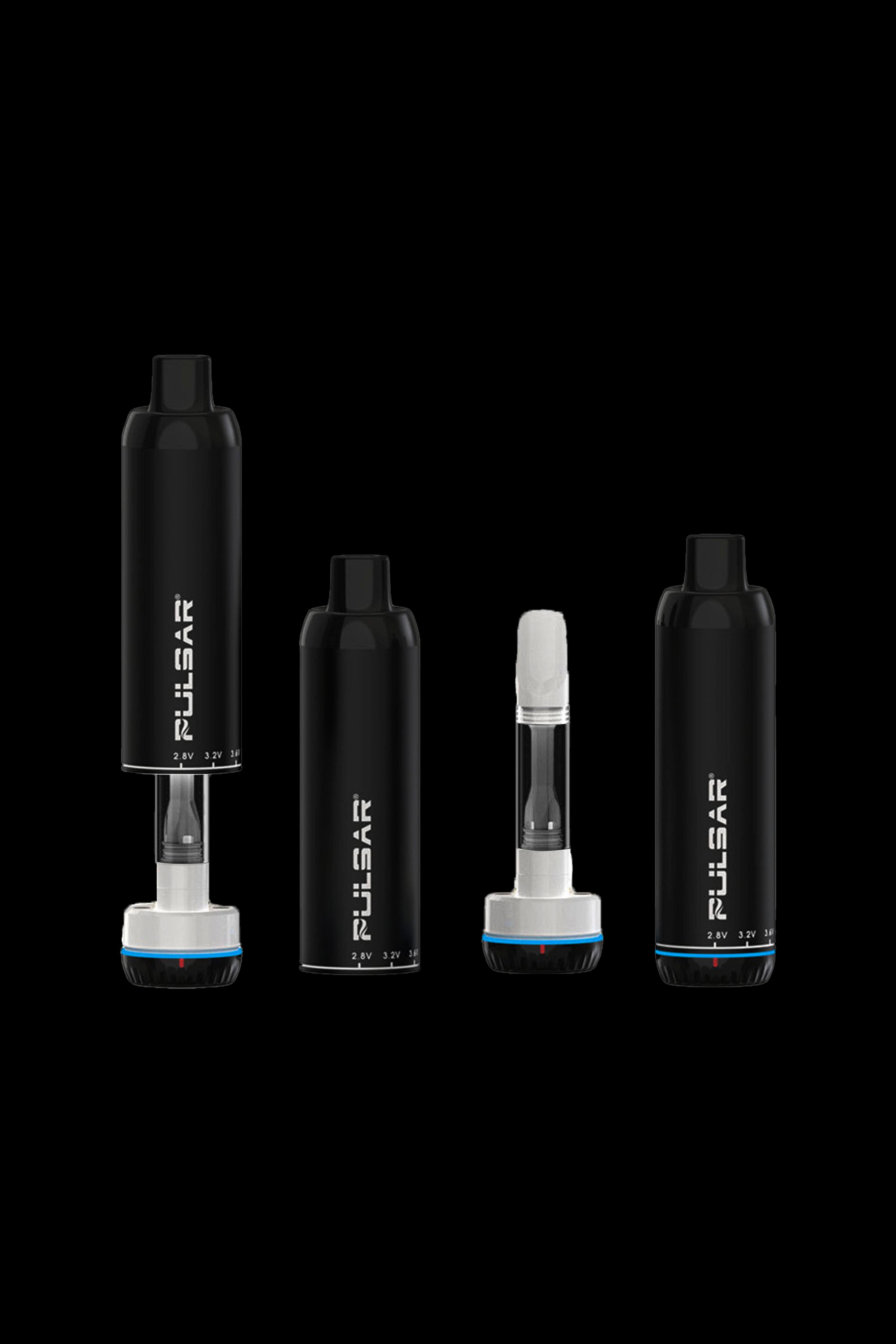Four black Pulsar vaporizers displayed on a dark background, including two complete units, a cartridge, and a disassembled unit showing internal components.