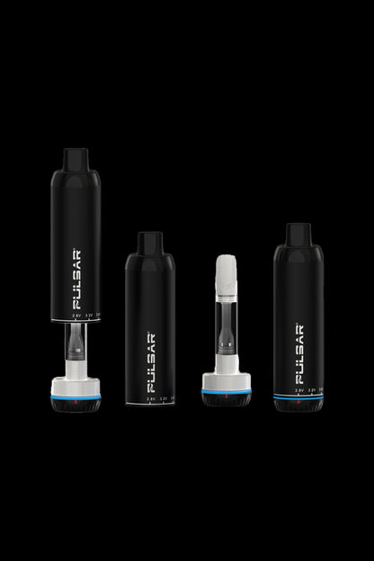 Four black Pulsar vaporizers displayed on a dark background, including two complete units, a cartridge, and a disassembled unit showing internal components.