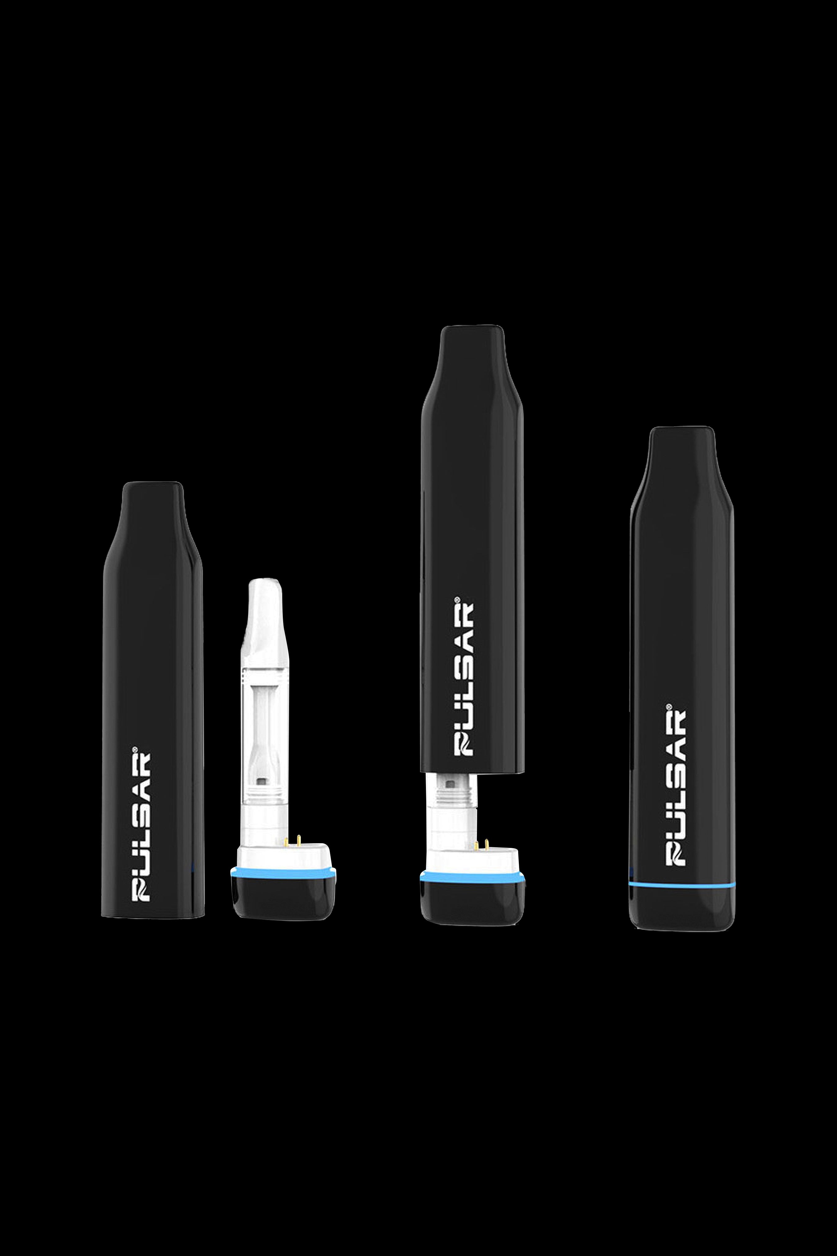 Pulsar vaporizers in black and white, including a pen-style device and a larger, cylindrical model.
