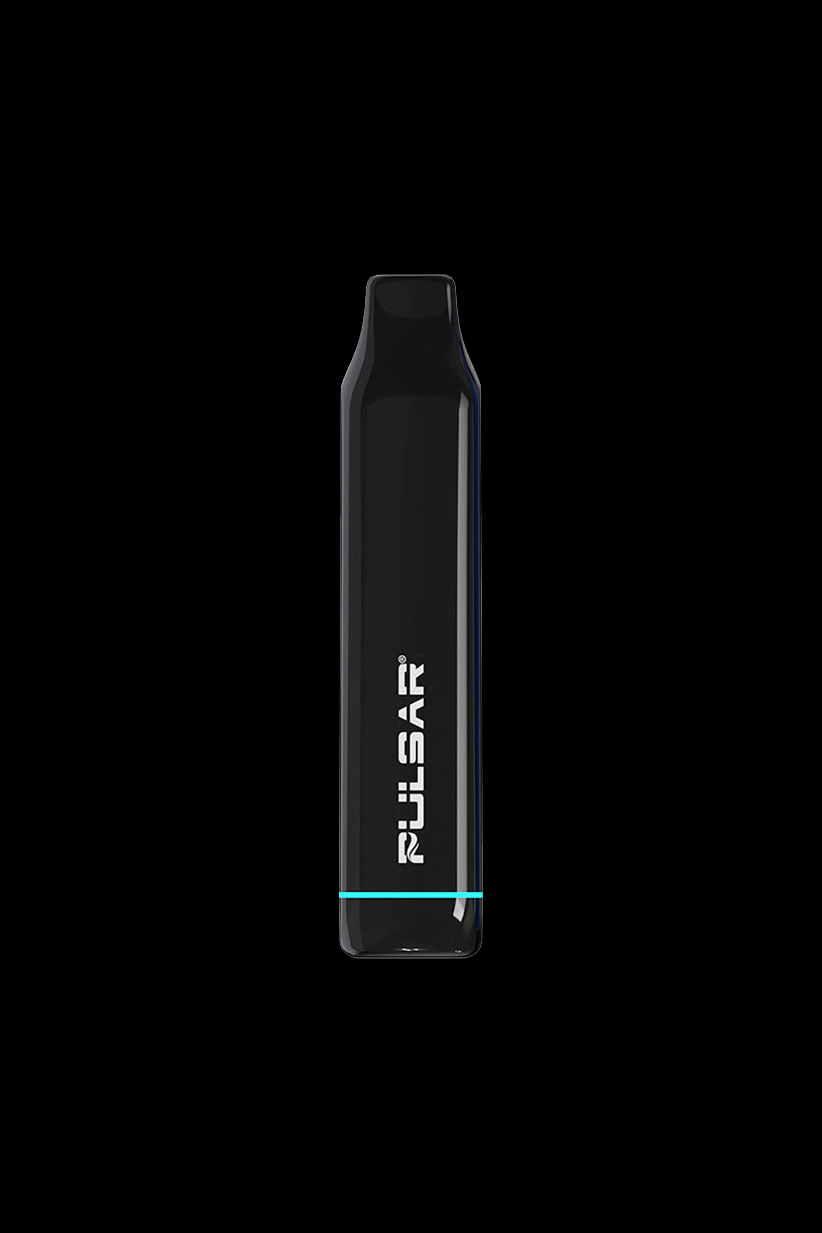 Sleek black cannabis vape pen with blue accents and vertical branding.